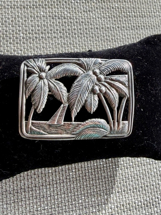 Jewelry - Sterling Silver Palm Tree Beach Boat Brooch 2” circa 1950